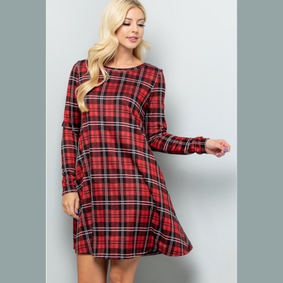 Red Plaid Dress Long Sleeves with Pockets - Picture 4 of 6